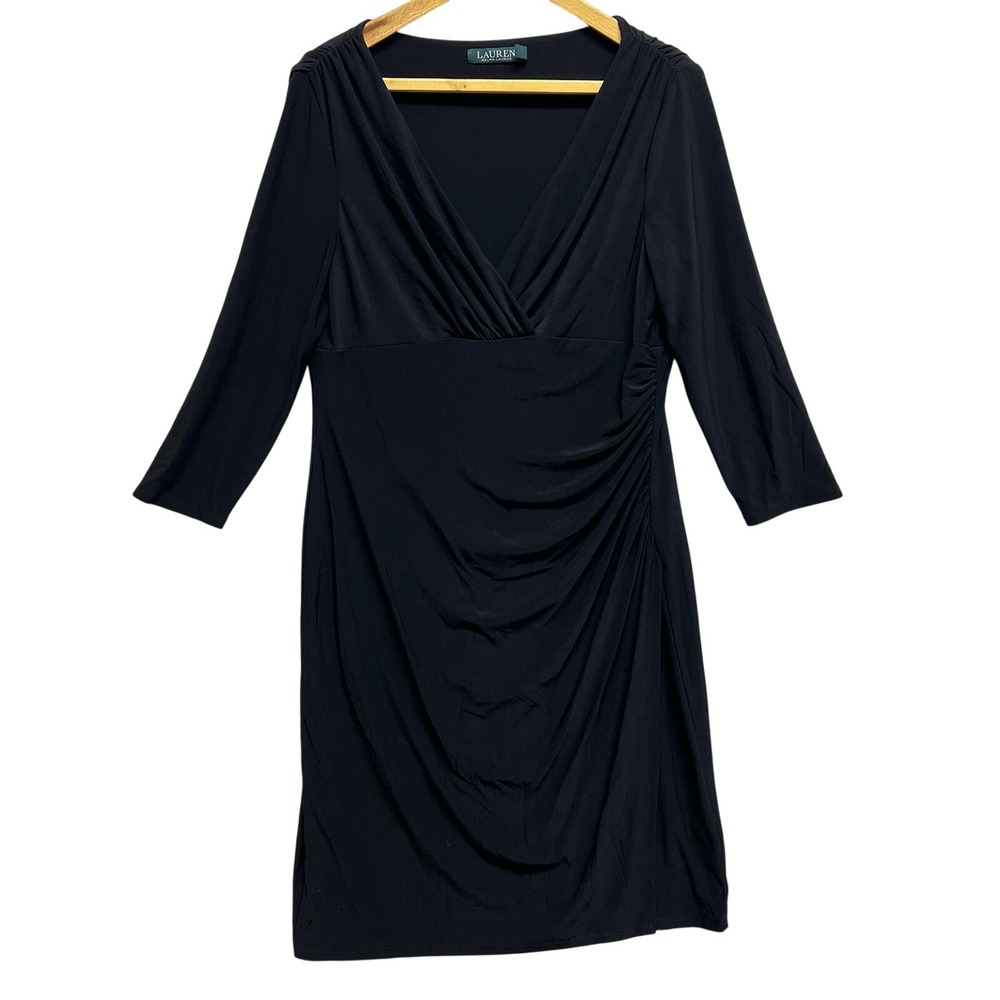Lauren Ralph Lauren Sheath Dress Women‎ 14 Black Ruched V-Neck 3/4 Sleeve LBD